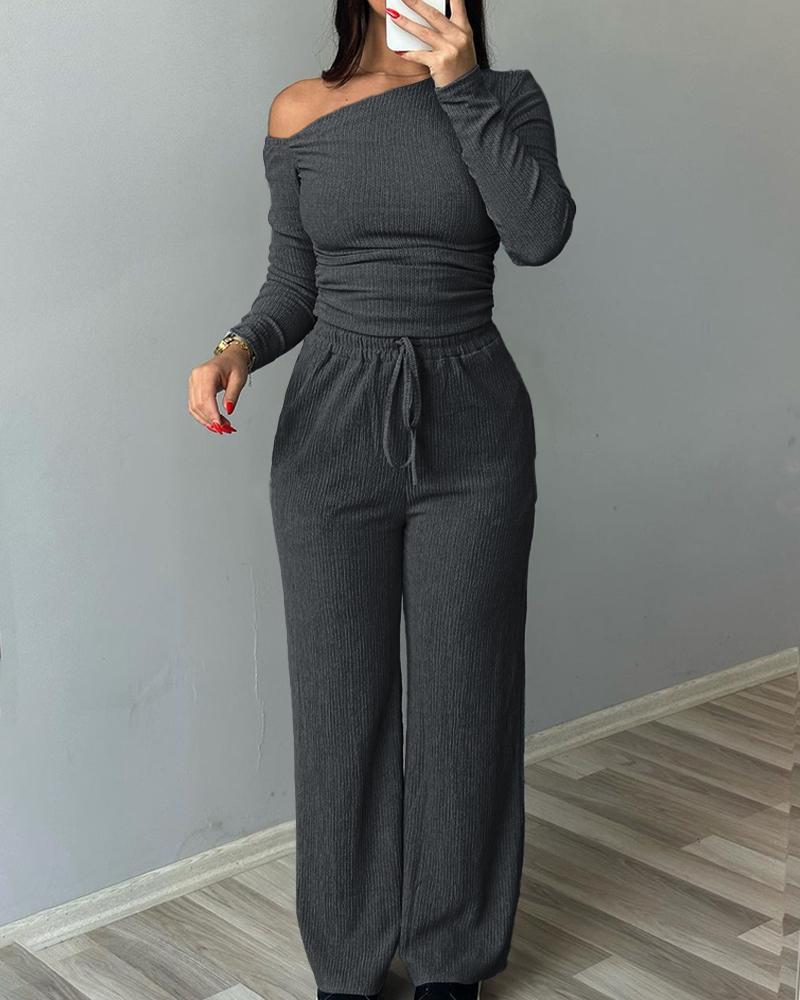 

2 Piece Skew Neck Long Sleeve Pullover Ribbed Top & Stretchy Tied Detail Waist Pants Outfits Set, Dark grey