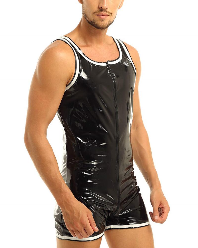 

Color Block Sleeveless PU Leather Rompers, Black