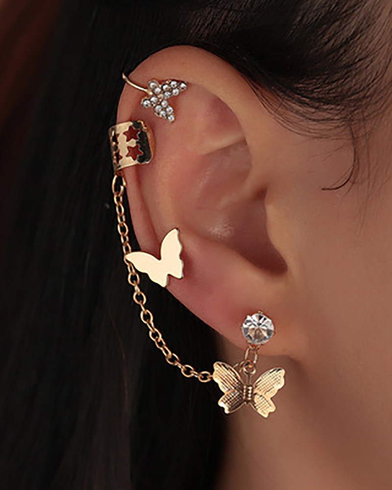 3PCS Rhinestone Butterfly Decor Studded Earrings & Ear Cuff Set Online. Discover hottest trend