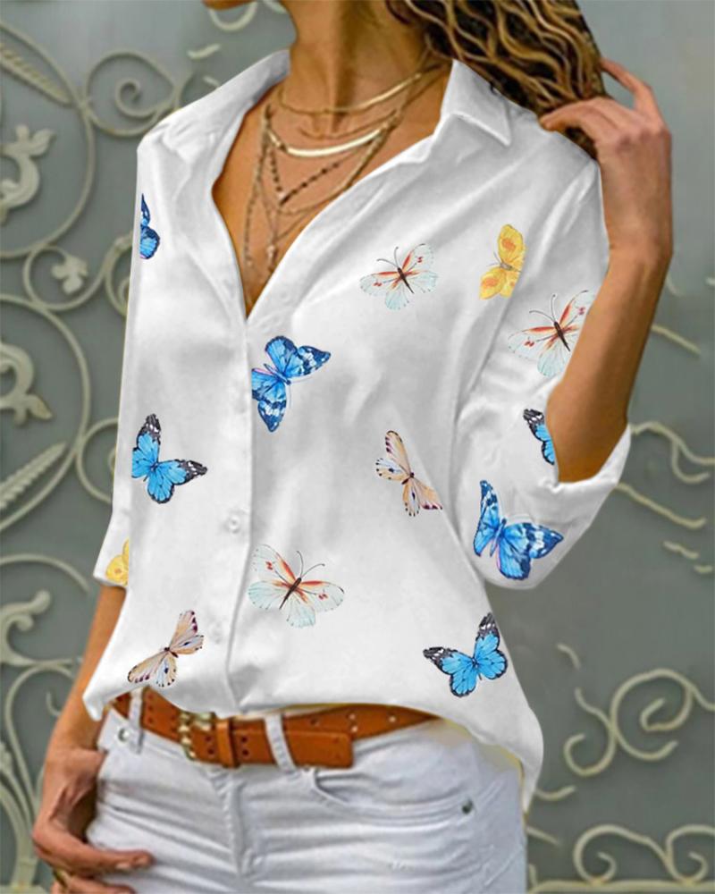 

Butterfly Print Button Front Long Sleeve Top, White