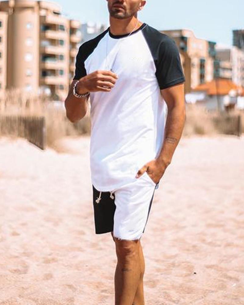 

Colorblock Short Sleeve Loose T-shirts With Shorts Suit Sets, White