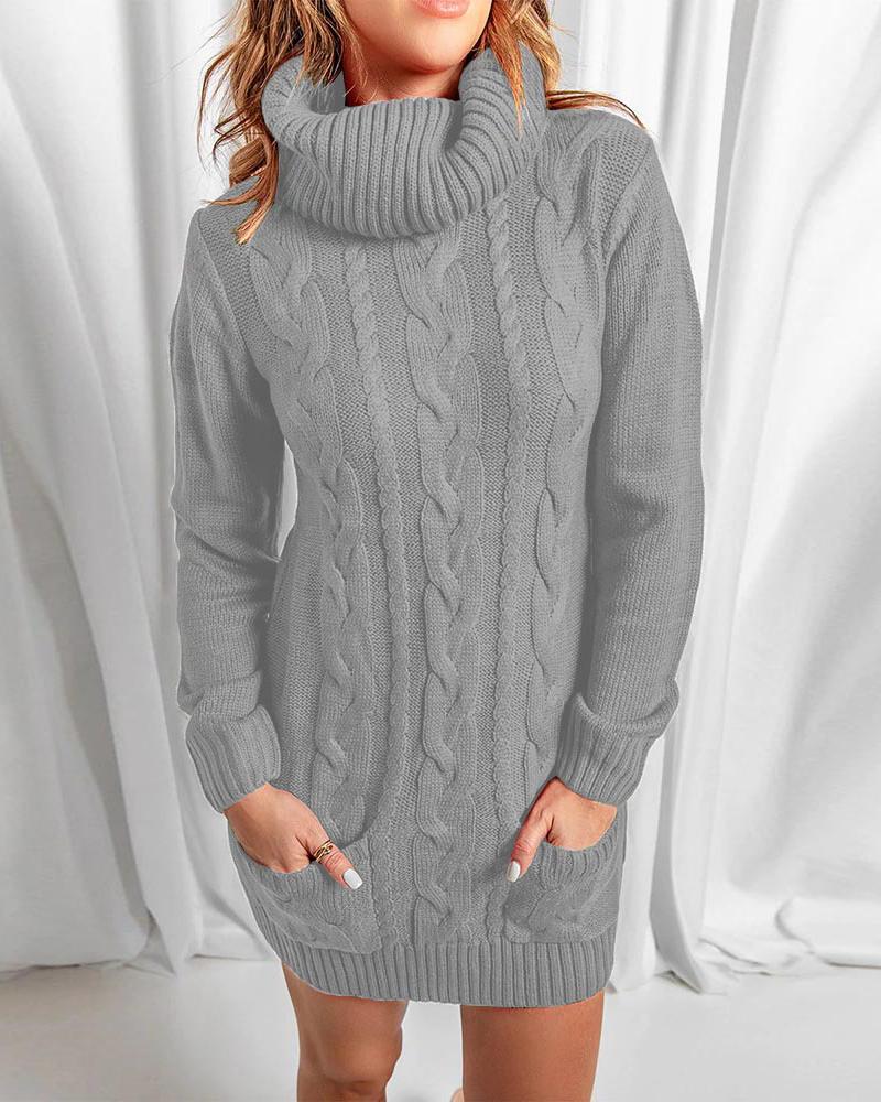 

Long Sleeve Turtleneck Cable Knit Sweater Dress, Gray