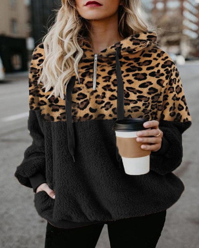 

Plus Size Contrast Leopard Long Sleeve Teddy Hoodie, Black