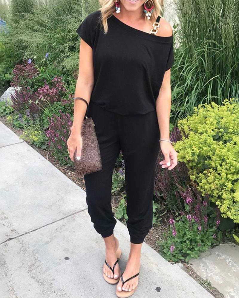 

Cold Shoulder Chain Strap Top & Pants Set, Black