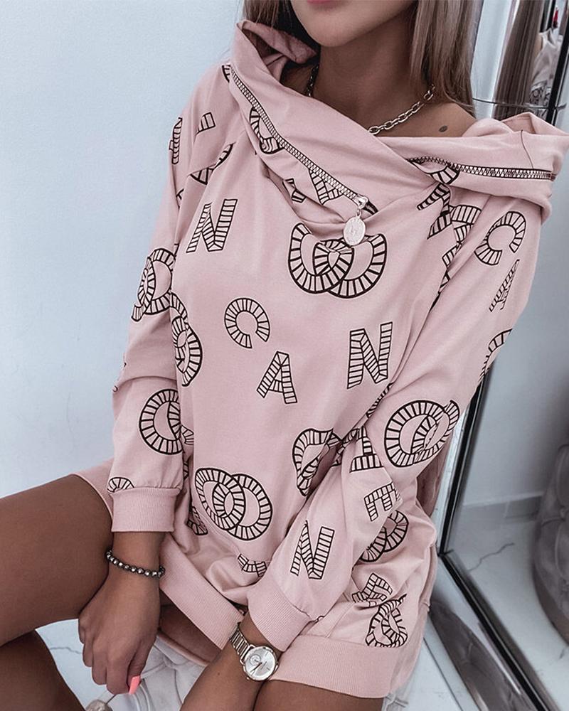 

Letter Print Long Sleeve Zip Detail Hoodie, Apricot