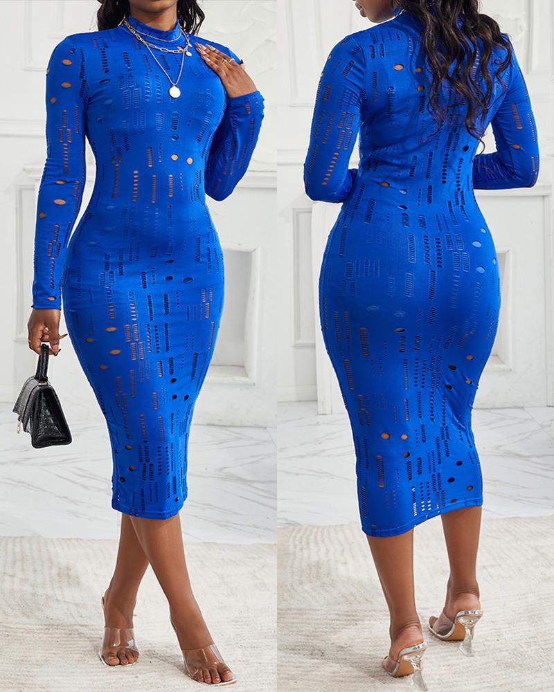 

Long Sleeve Hollow Out Ruched Bodycon Dress, Blue