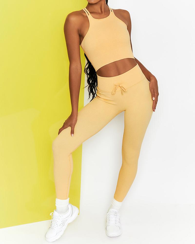 

O-neck Sleeveless Drawstring Sporty Active Set, Yellow