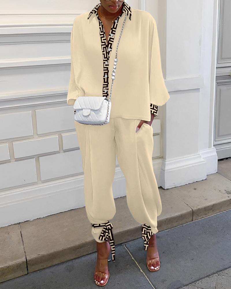 

Geometric Print Long Sleeve Button Down Shirt & Pants Set, Apricot