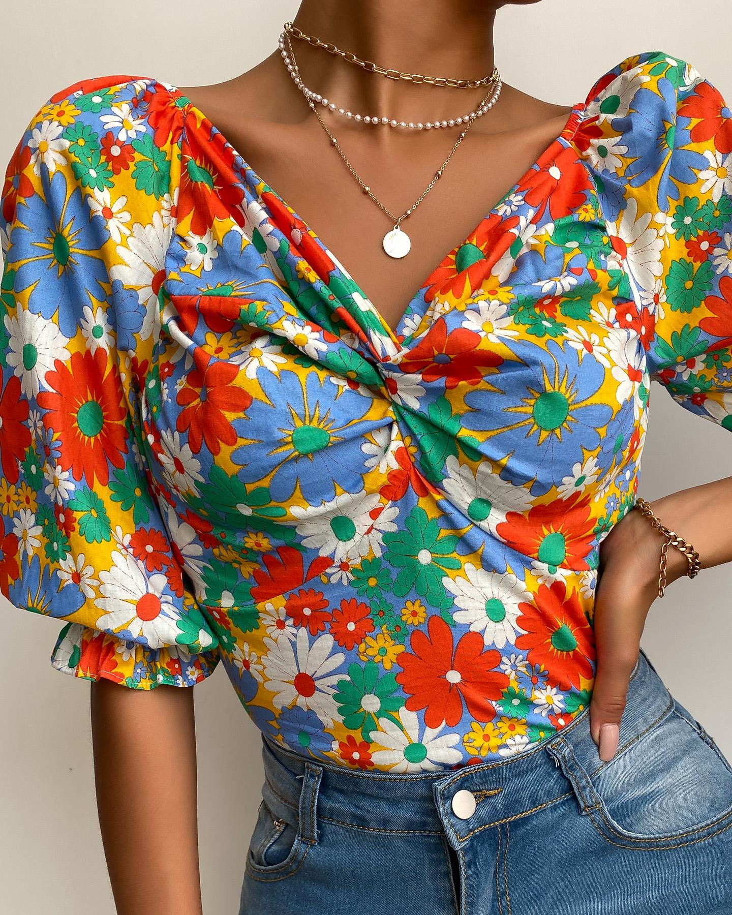 

Floral Print Shirred Puff HemTop, Multicolor