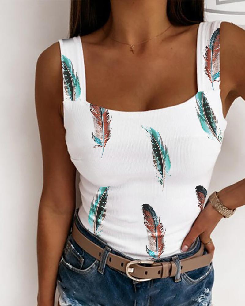 

Feather Print Ribbed Tank Top, White