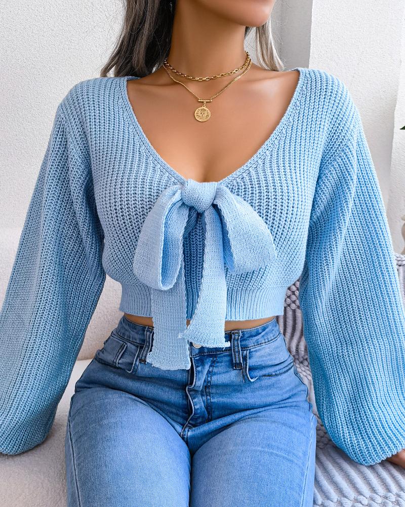 

Tied Detail Lantern Sleeve Sweater, Blue