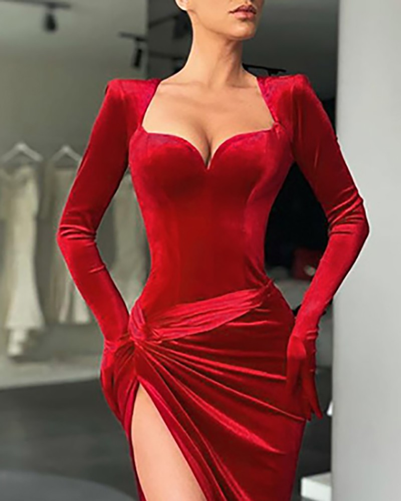 velvet gloves sleeve twisted ruched high slit evening dress