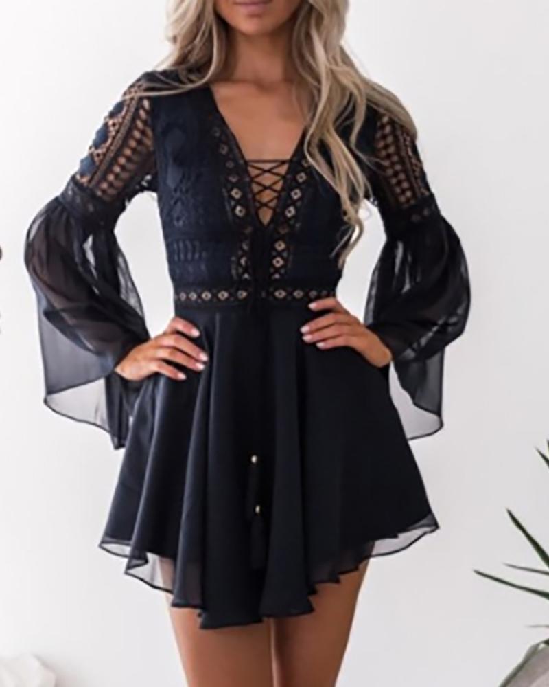 

Hollow Out Lace Strappy Bell Sleeve Casual Dress, Black