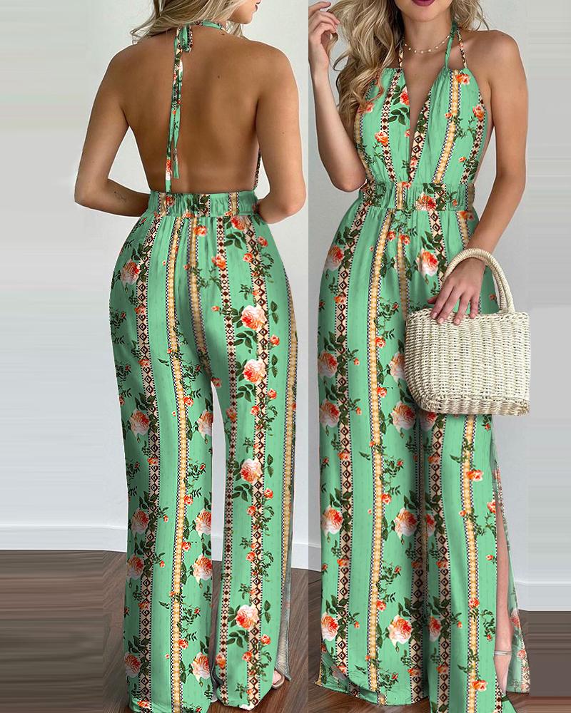 

Halter Backless Slit Leg Floral Print Jumpsuit, Green