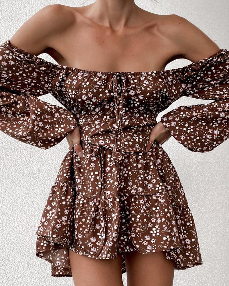

Ditsy Floral Print Off Sleeve Drawstring Ruched Dress, Brown