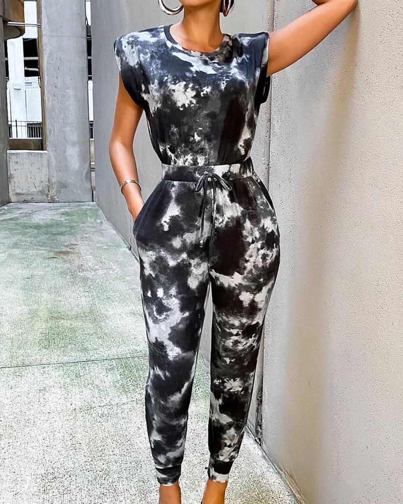 

Tie Dye Print Cap Sleeve Top & Drawstring Pocket Pants Set, Black