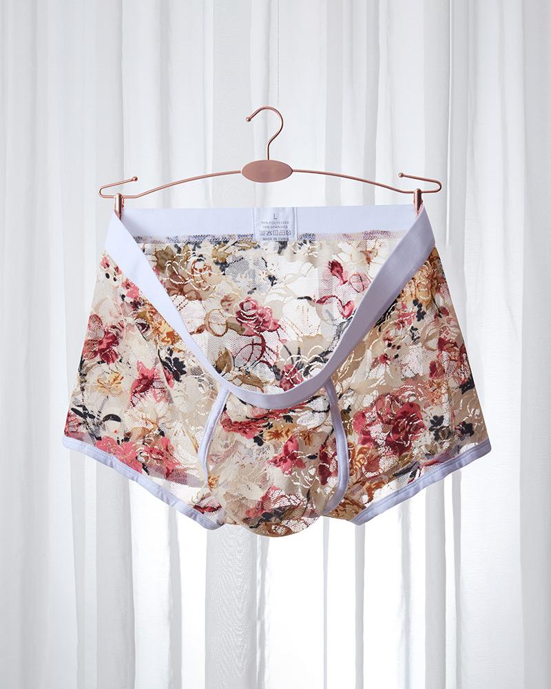 

Floral Print Skinny Patchwork Boxer Brief Underwear, White