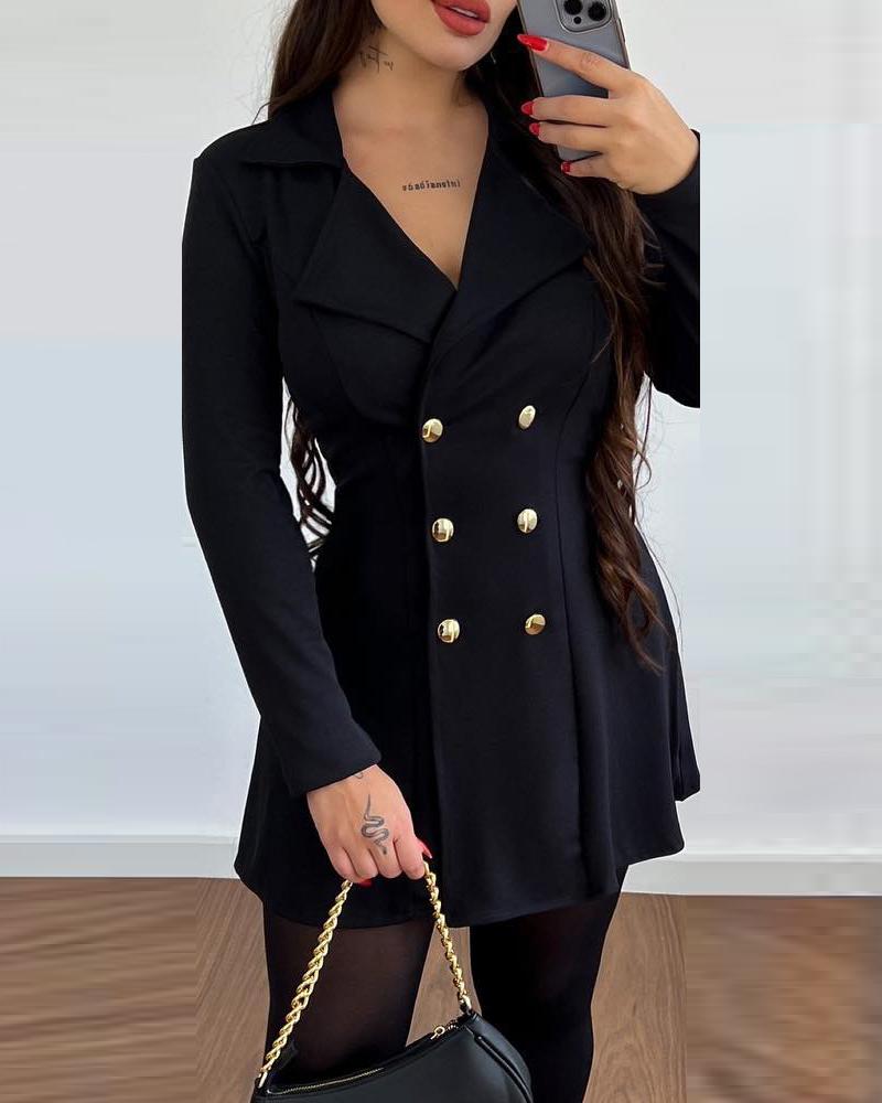 

Long Sleeve Lapel Collar Double Breasted Blazer Dress, Black