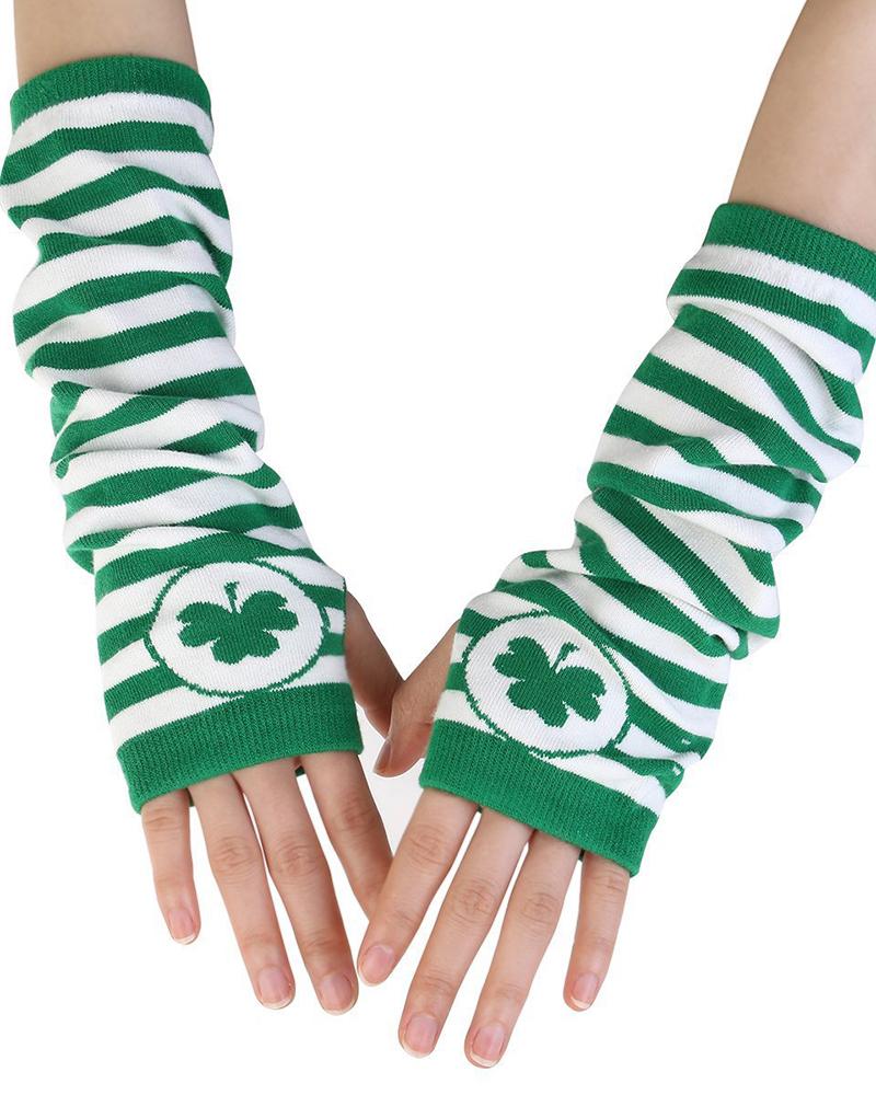 

1Pair St. Patrick's Day Shamrock Striped Fingerless Gloves, Green