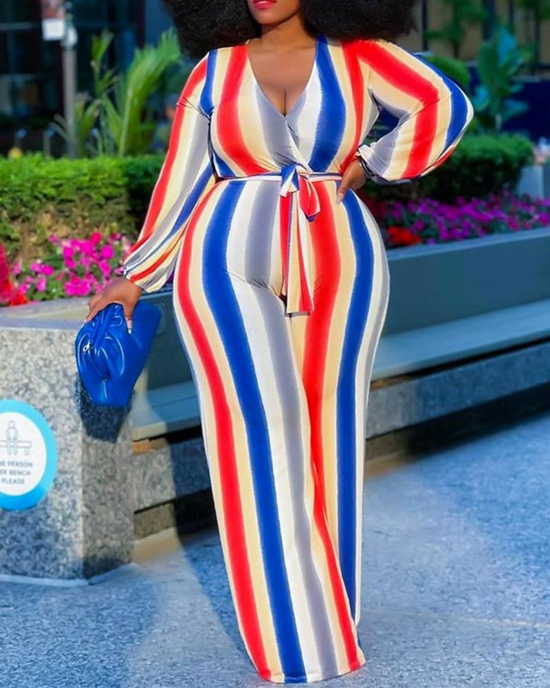 

Rainbow Stripe V-Neck Wide Leg Belted Jumpsuit, Multicolor