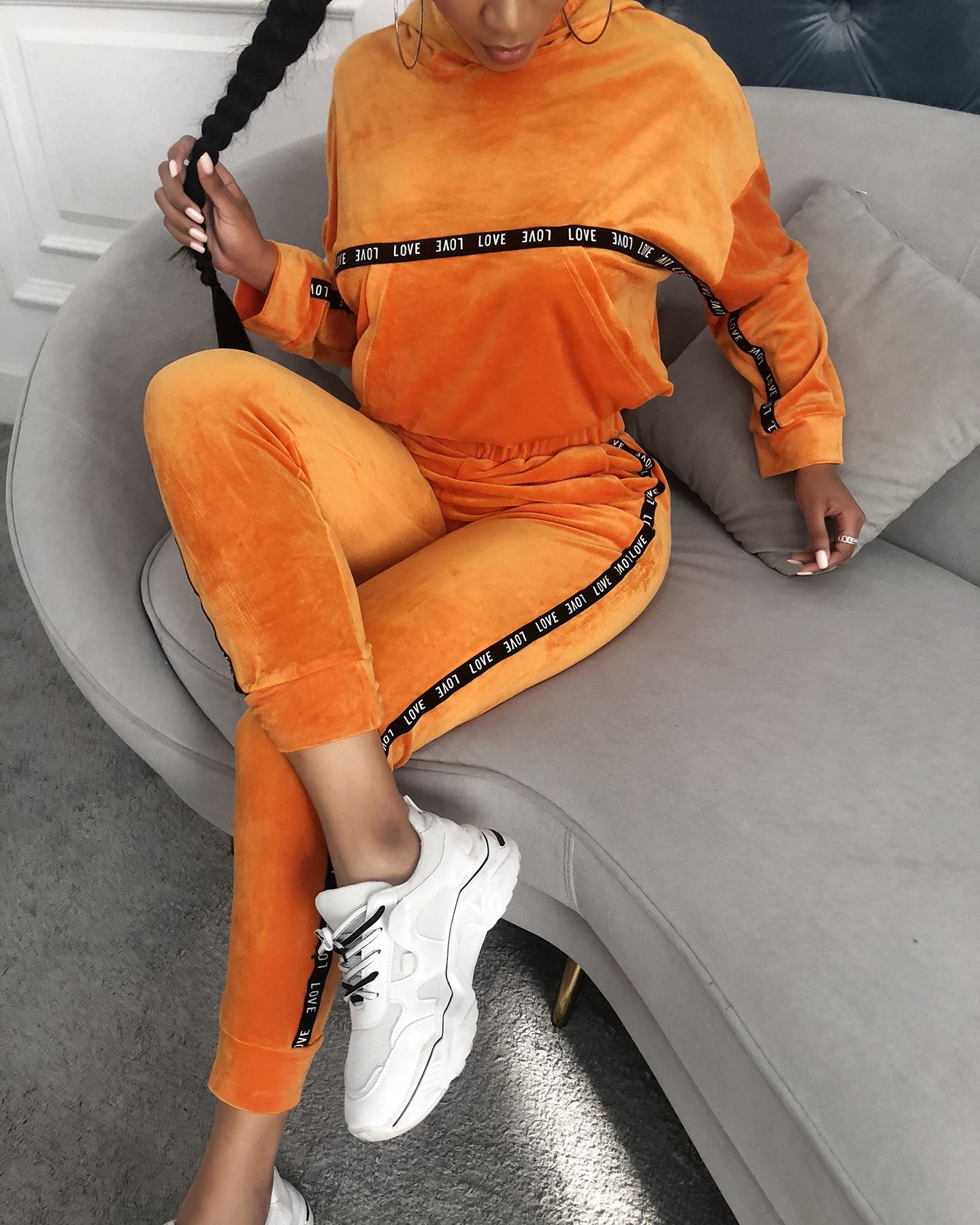 

Letter Print Casual Hooded Top & High Waist Pants Set, Orange