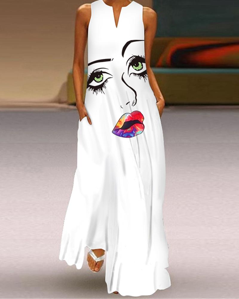

Abstract Figure Print Sleeveless Maxi Dress, White