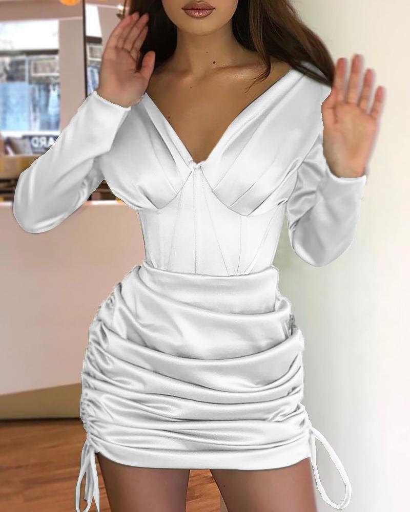 

Plain Long Sleeve Ruched Drawstring Bodycon Dress, White