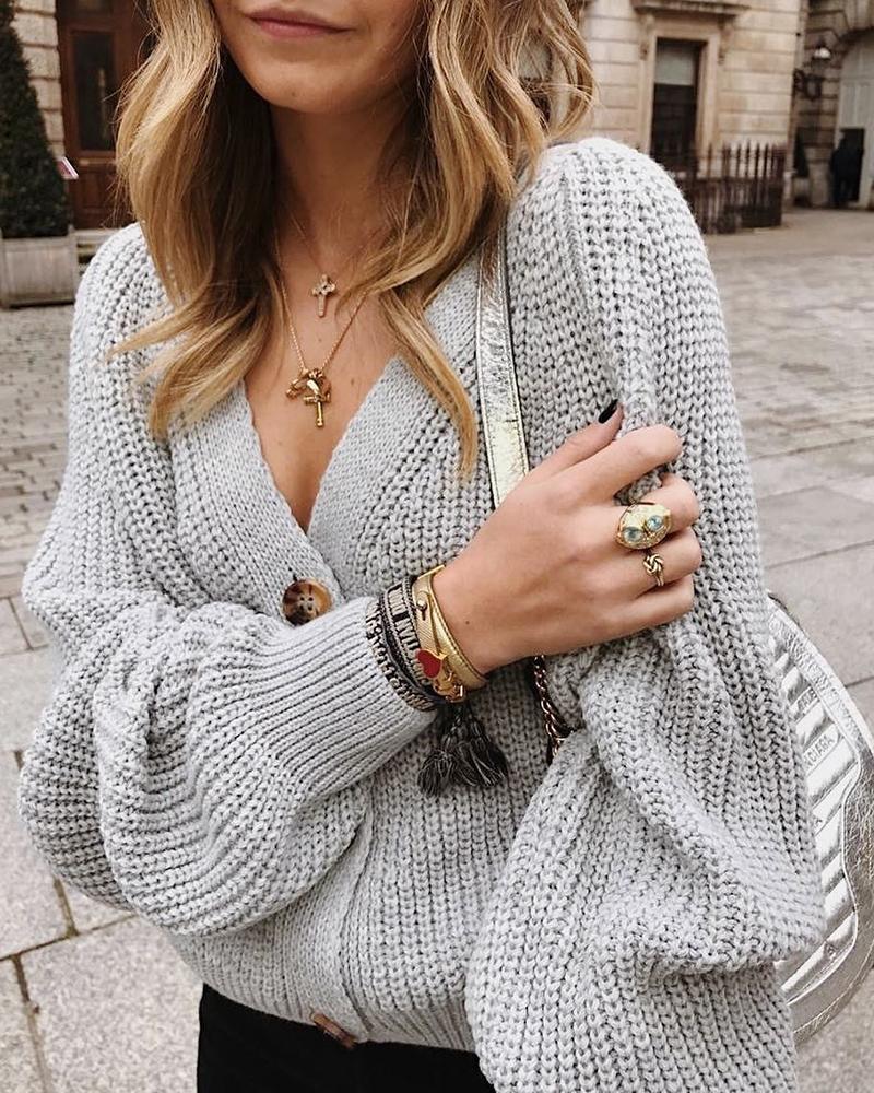 

V-Neck Long Sleeve Button Knitted Sweater, Gray