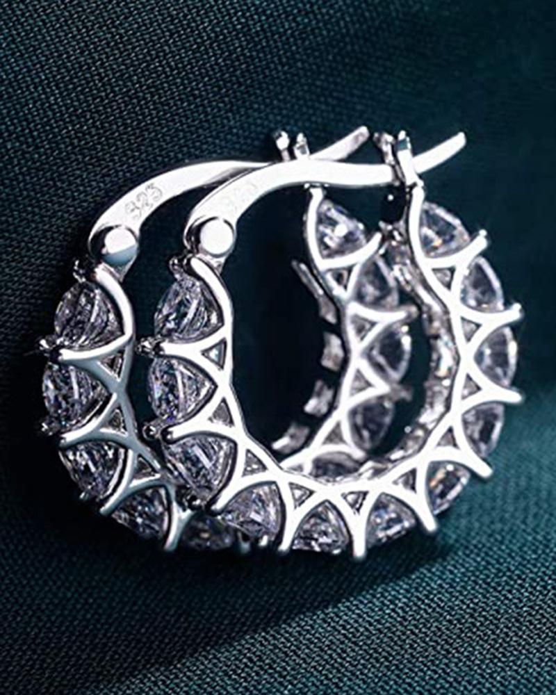 

1Pair Floral Pattern Faux Zircon Hoop Earrings, Silver