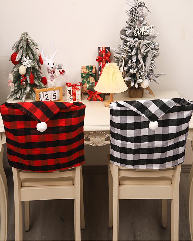 

Christmas Plaid Dining Chair Slipcovers Chair Seat Back Covers Protector Holidays Home Party Decorations With Pom Pom, Red