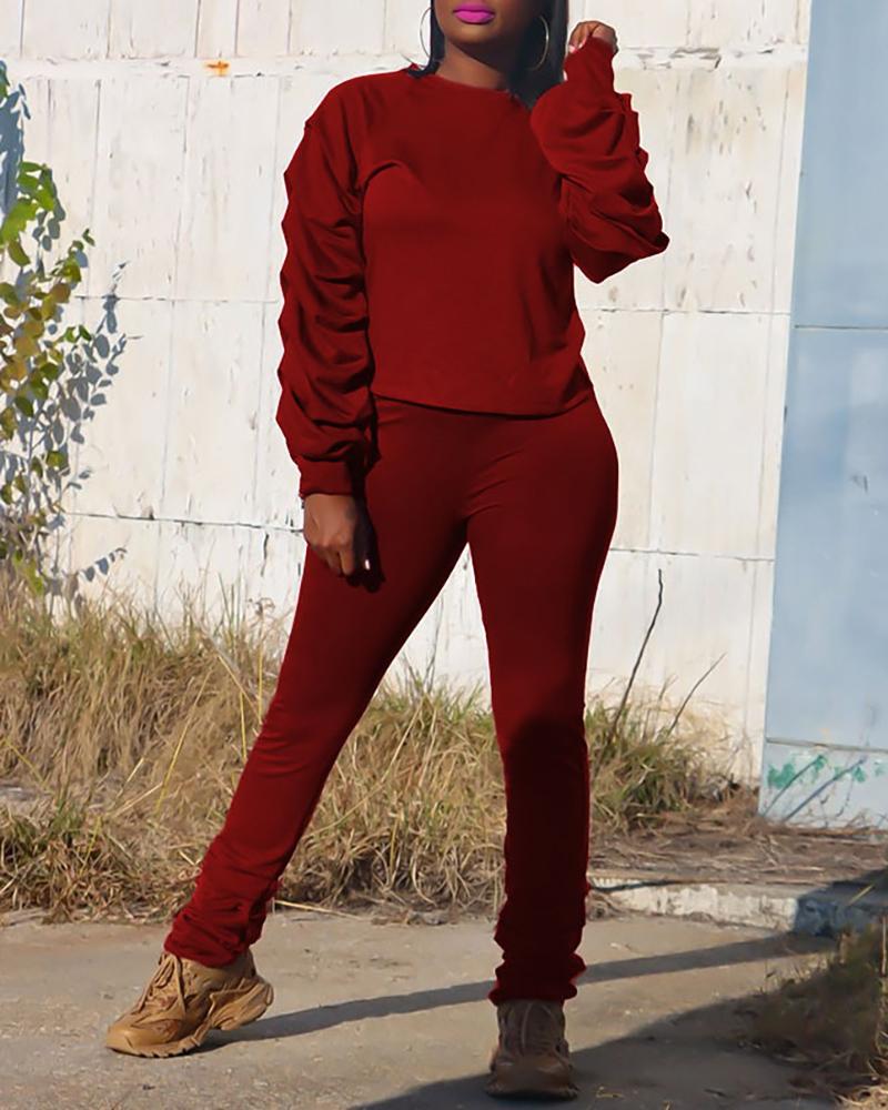 

Lantern Sleeve Ruched Top & High Waist Pants Set, Wine red