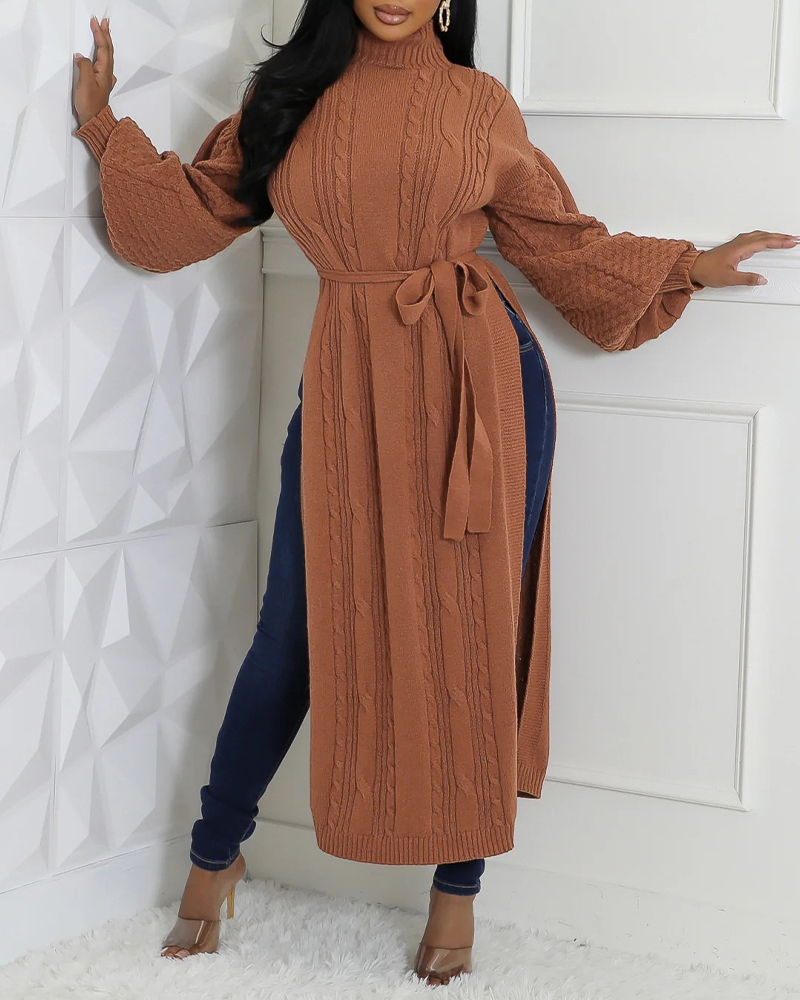 

Pull long décontracté en tricot à fente haute et col montant texturé avec manches lanternes et nœud papillon à la taille, Coffee