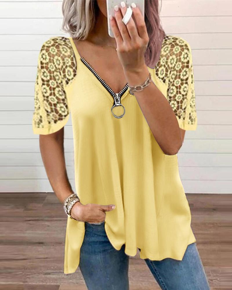 

Guipure Lace Sleeve Zipper Design Top, Yellow