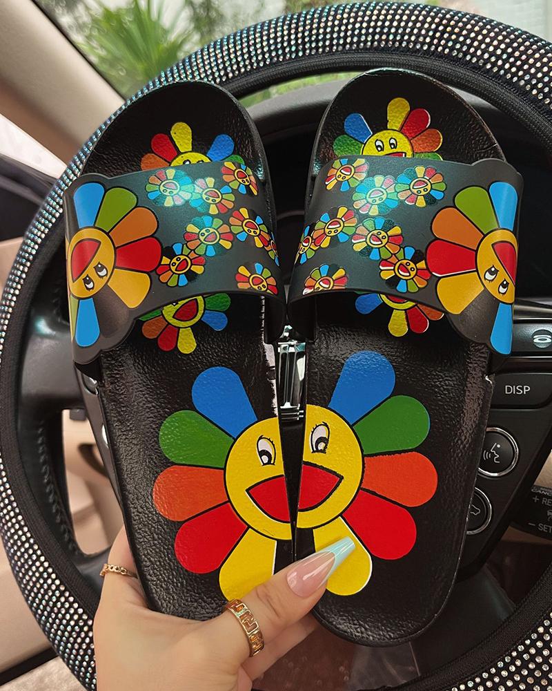 

Round Toe Sunflower Pattern Slippers, Black