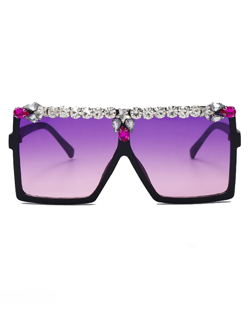 

1Pair Flat Top Rhinestone Decor Square Frame Sunglasses, Purple