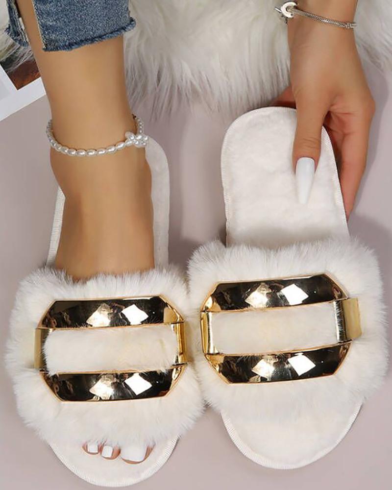 

Metal Decor Fuzzy Casual Slippers, Beige