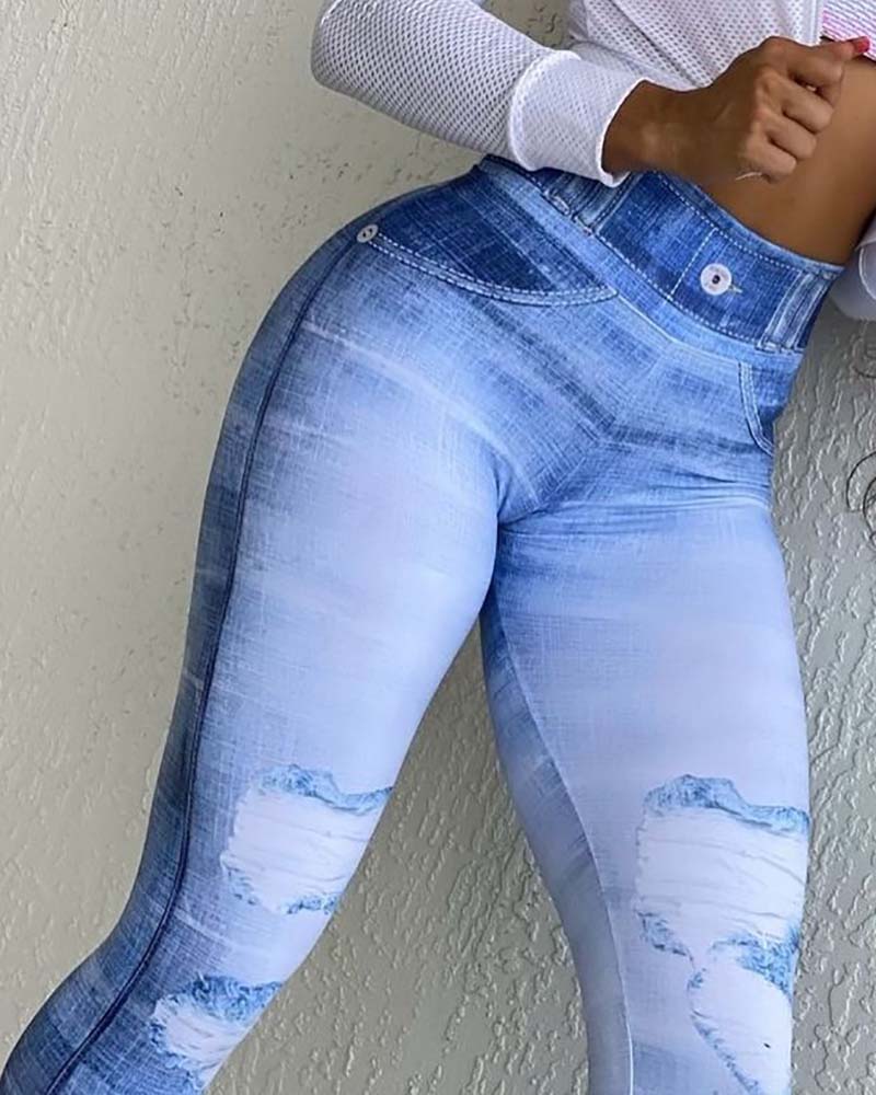 

High Waist Graphic Print Skinny Pants, Blue