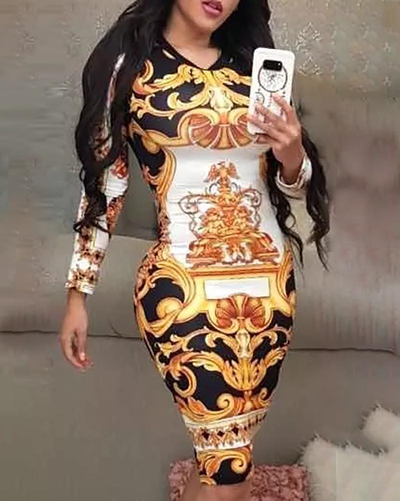 

Long Sleeve Mixed Print Bodycon Dress, Gold