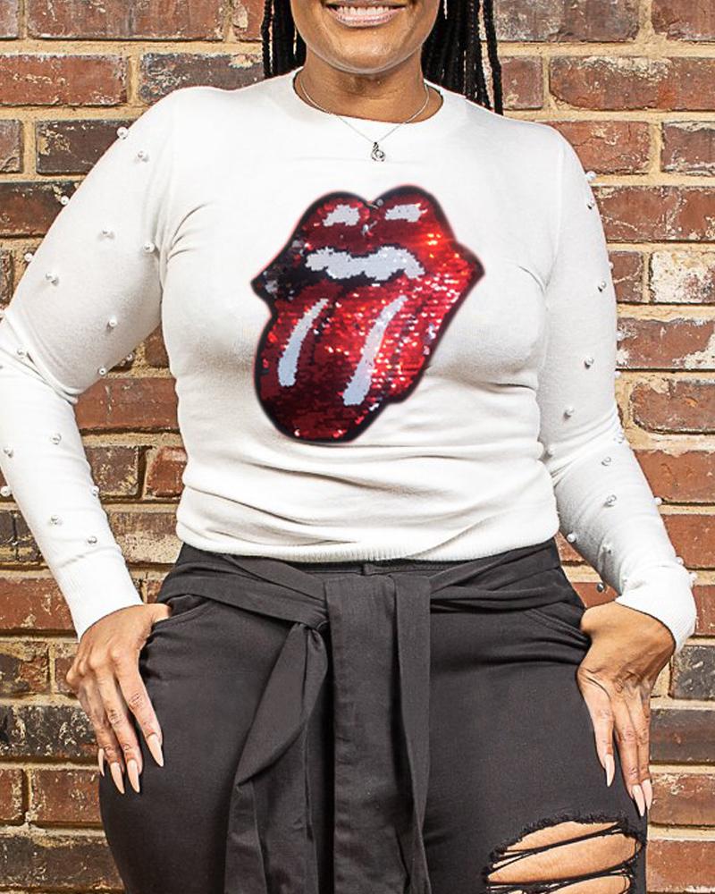 

Plus Size Lip Print Beaded Decor Long Sleeve Top, White