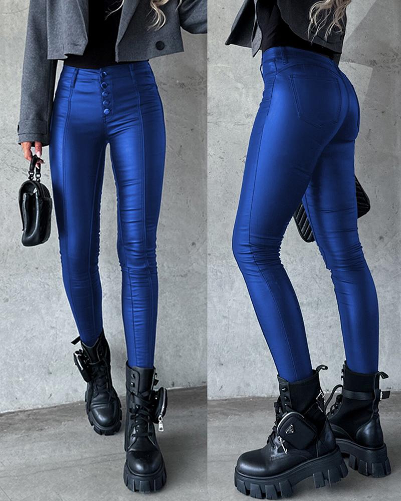 

High Waist PU Leather Skinny Pants, Blue