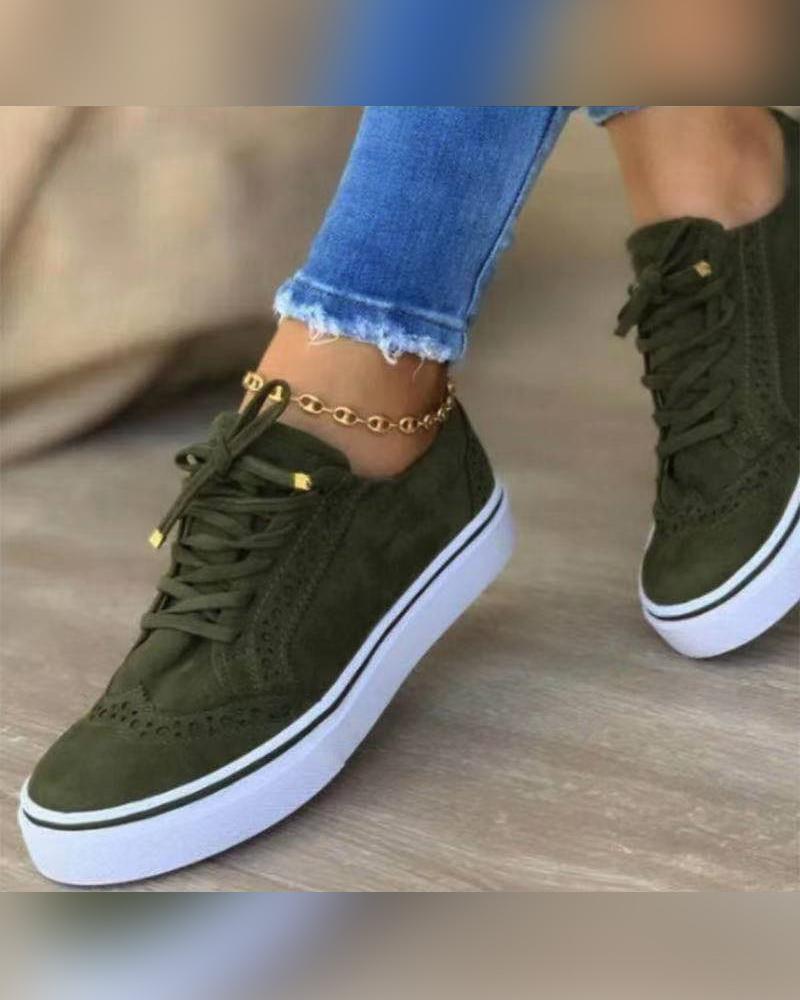 

Round-toe Solid Color Lace-up Suede Sneakers, Green