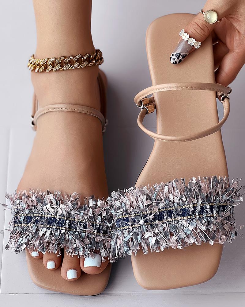 

Fringe Hem Slingback Summer Sandals, Apricot
