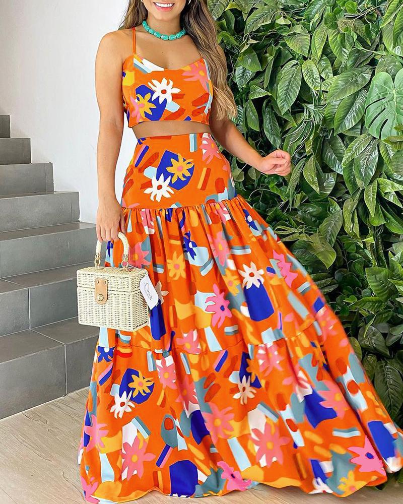 

Floral Pattern Print Colorblock Crop Top & Maxi Skirt Set, Orange
