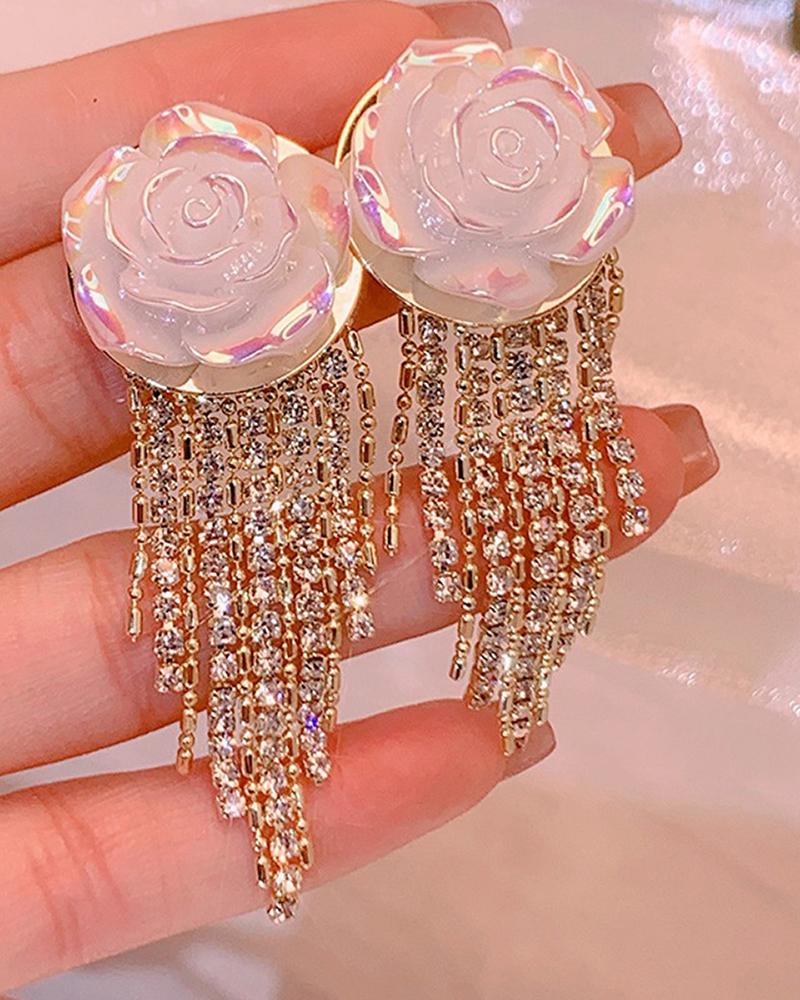 

1Pair Floral Pattern Tassel Drop Earrings, Gold