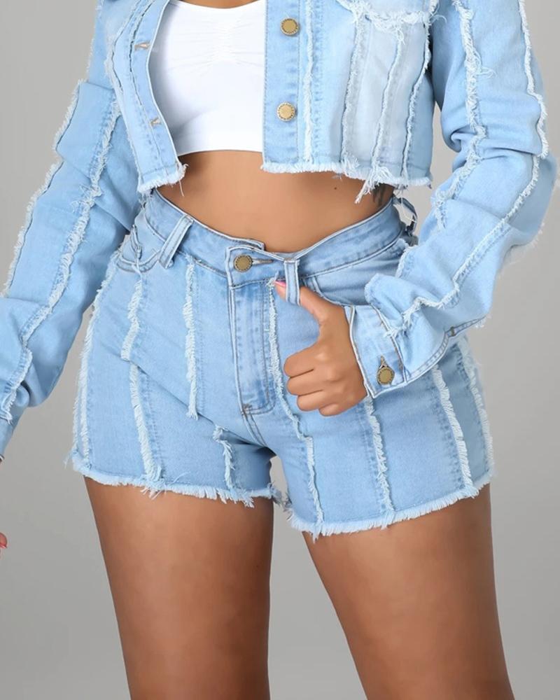 

Zipper Fly Ripped Raw Hem Denim Shorts, Blue