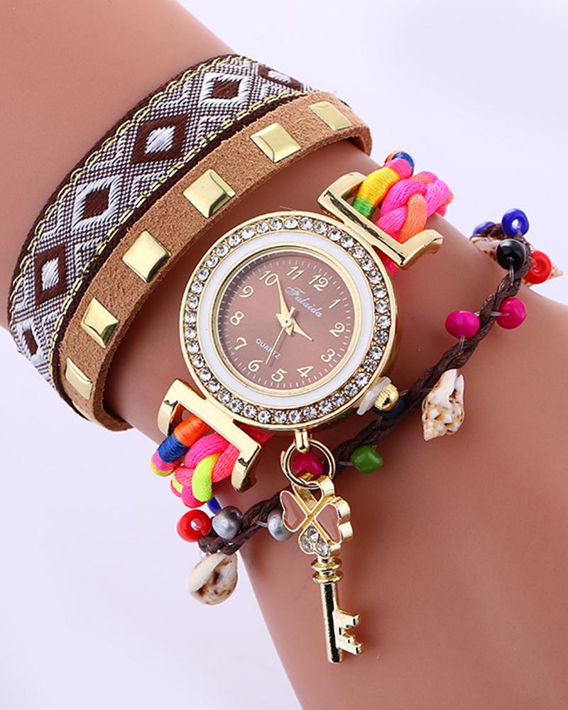 

1pc Tribal Studded Beaded Stackable Bangle Quartz Watch, Coffee