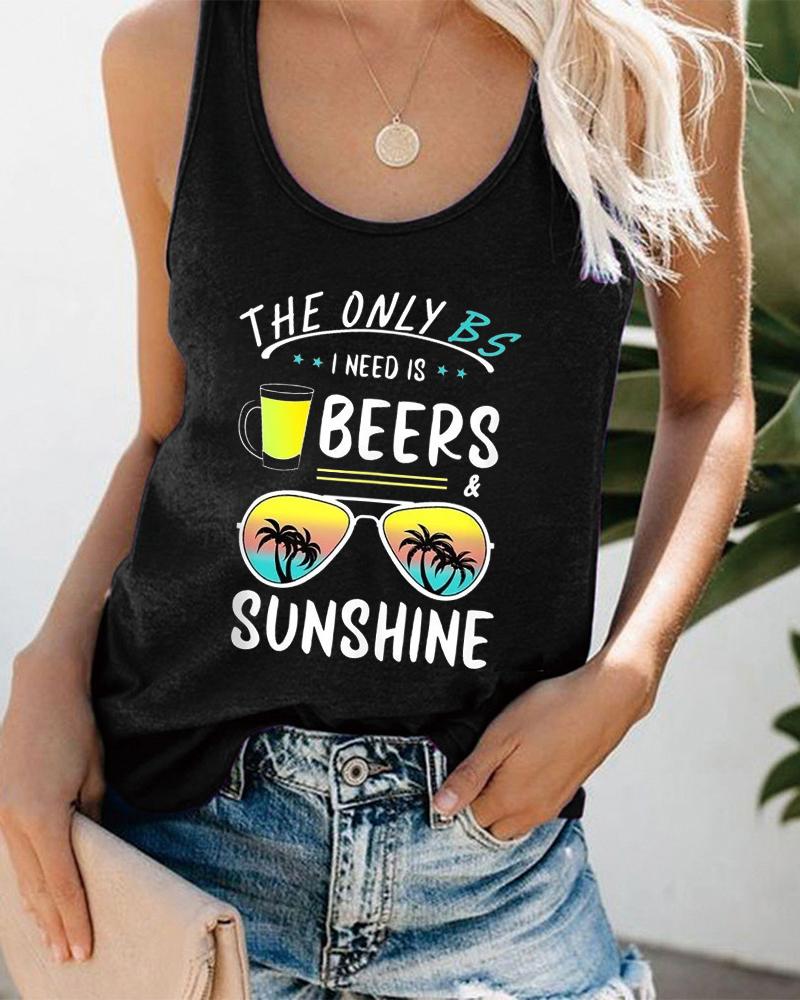 

Sunglasses Beers Coconut Tree Letter Print Graphic Tee Summer Beach Vest Tank Top, Black