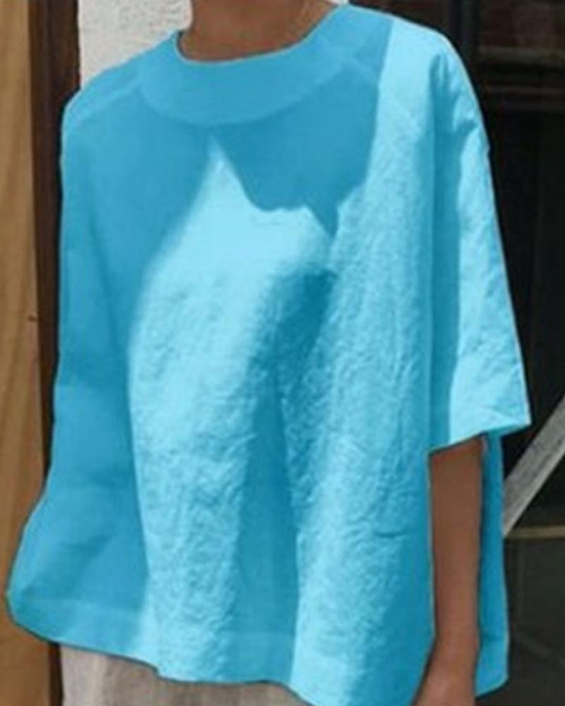 

Solid Round Neck Short Sleeve T-shirt, Blue