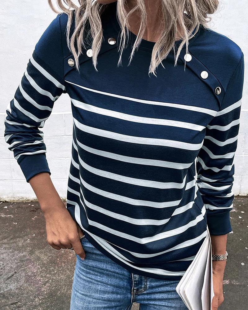 

Striped Print Button Decor Long Sleeve Top, Blue