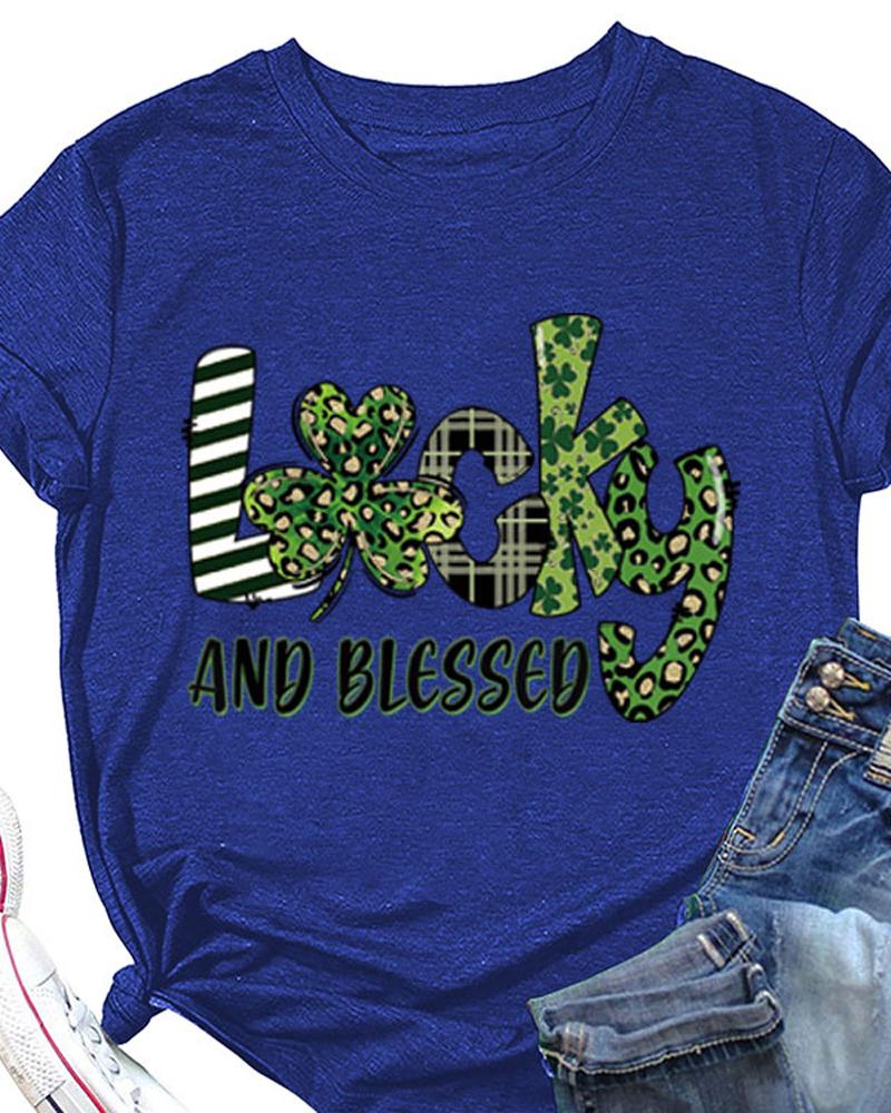 

St. Patrick' Day Letter Clover Print Casual T-shirt, Blue